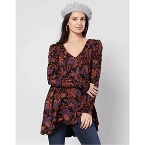 Free People Women Hello Lover Floral Tunic Dress Top Black Long Sleeve XS NWT